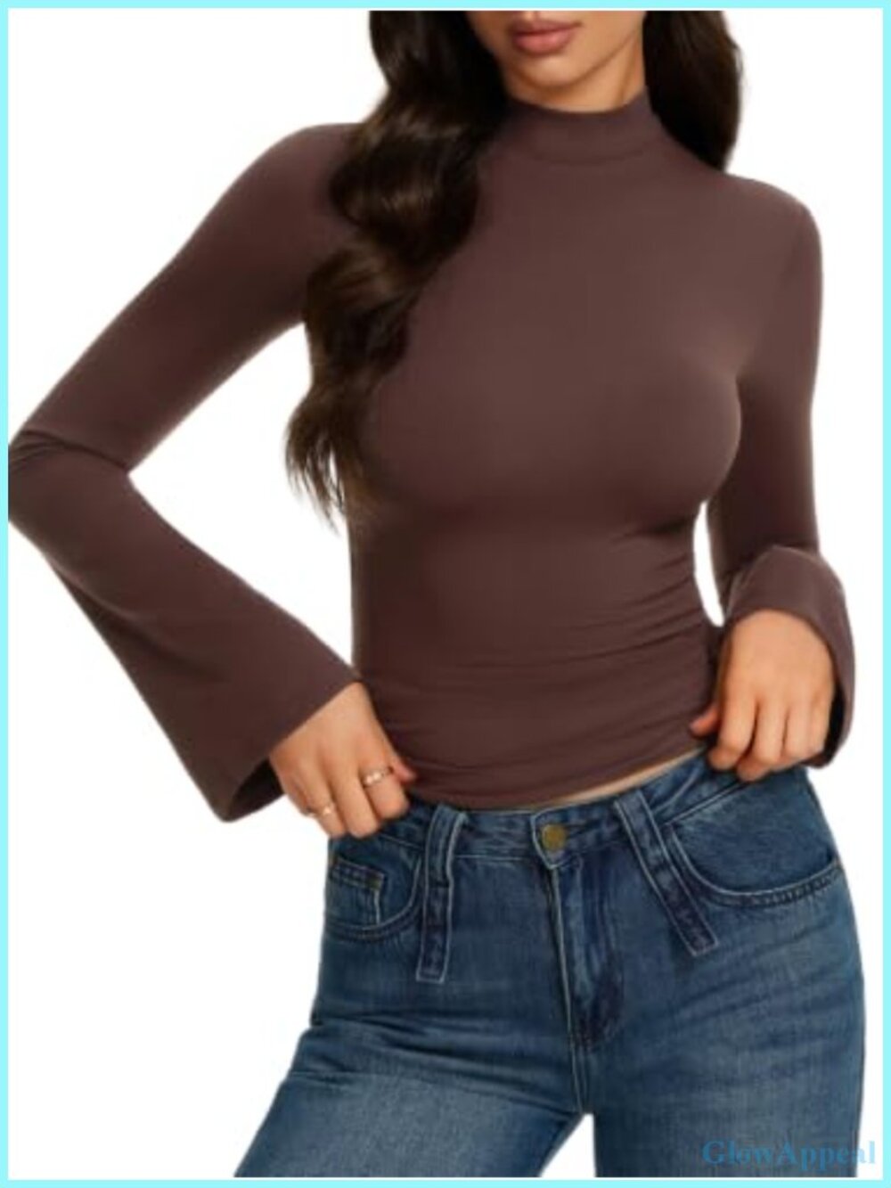 Women's Mock Neck Long Sleeve Top Slim Fit Stretch Bell Sleeve Blouse